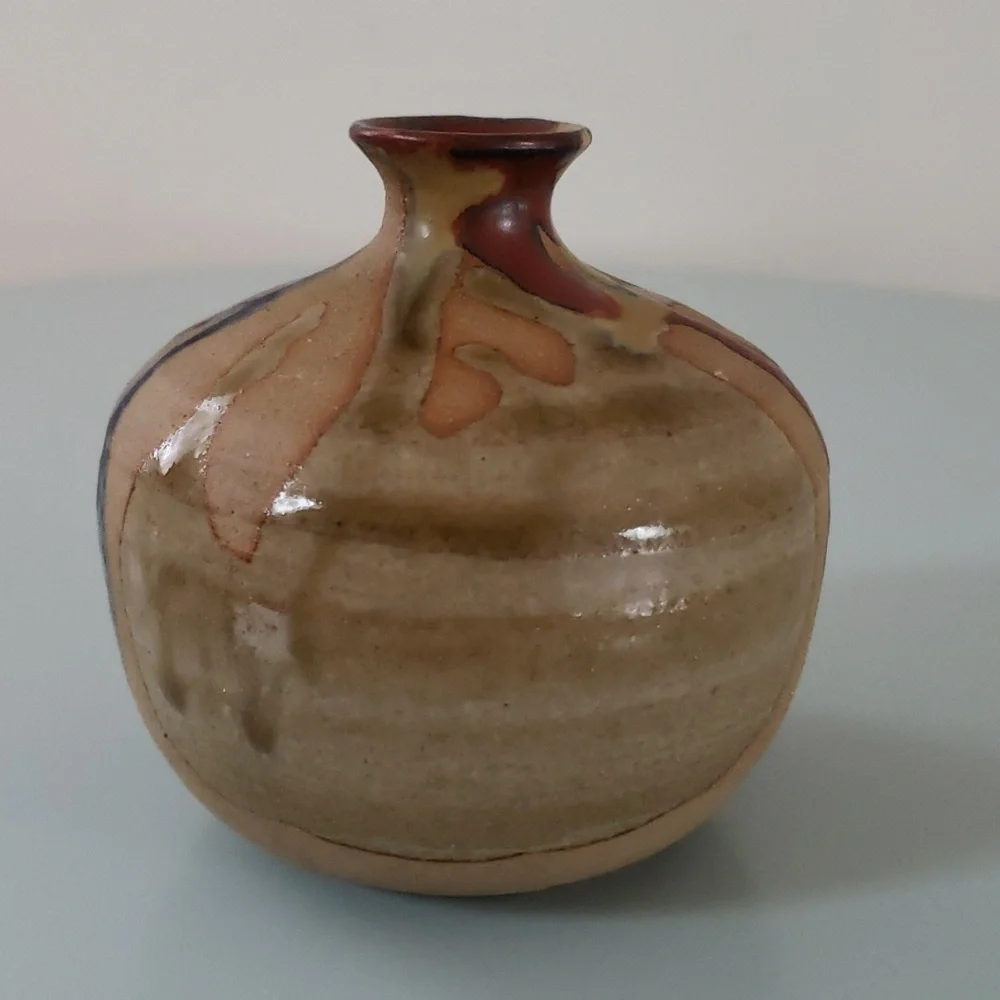 Vintage Vase MCM OMC Japan Pottery mini Glazed Stripes in Tan Brown Blue